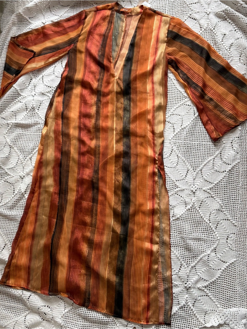 GLISTENING sheer Autumn Stripe Long-Sleeve Midi Dress - Multicolor